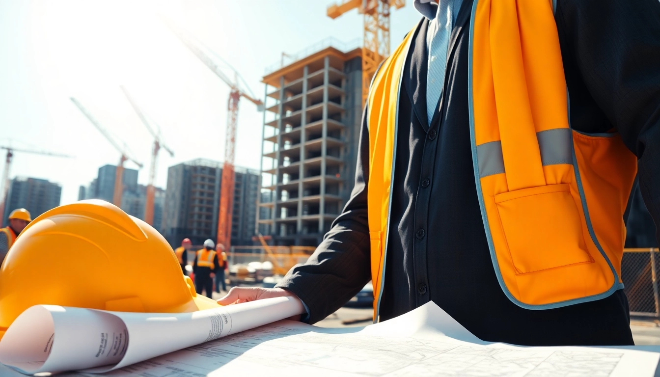 Manhattan Commercial General Contractor supervising an energetic construction scene with blueprints.