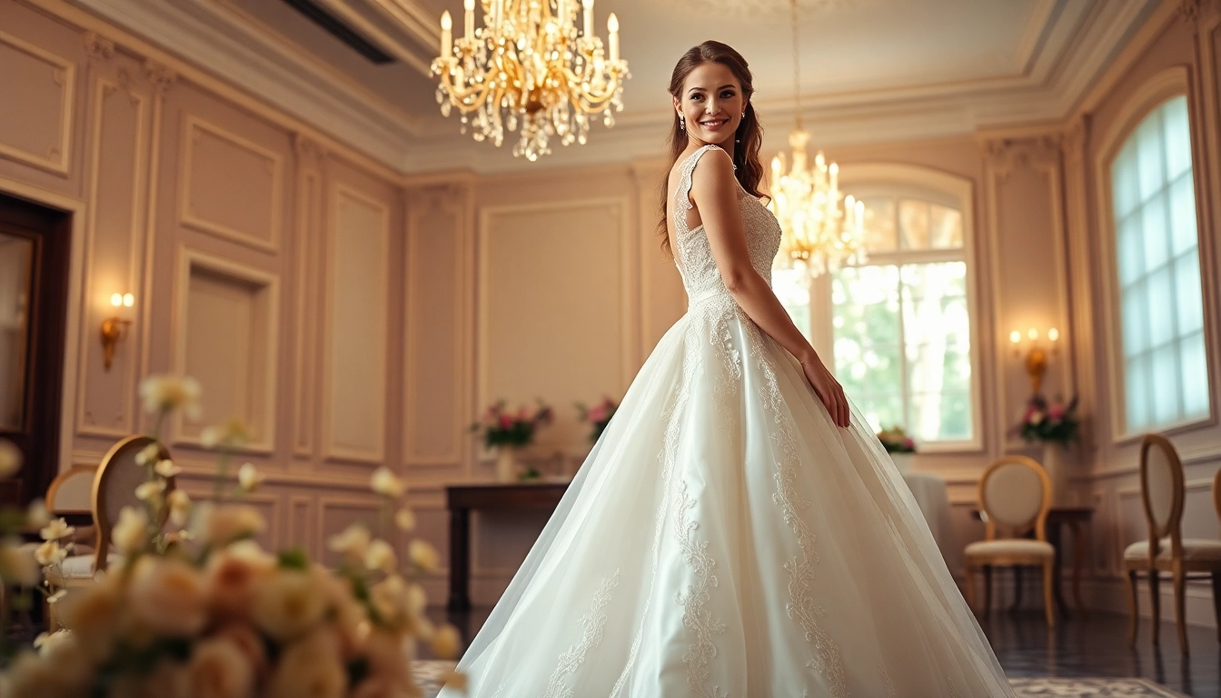 Elegant bride in a stunning ball gown wedding dress showcasing intricate details and a voluminous silhouette.