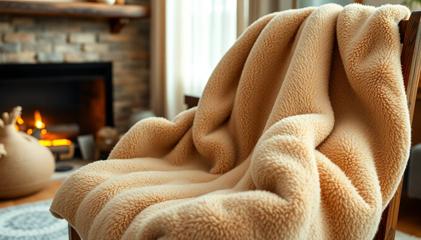 Fleece deken op een houten stoel in een gezellige woonkamer met een open haard.