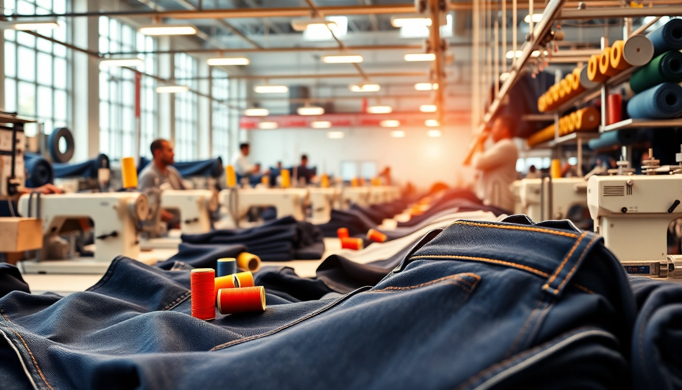 Showcase of wholesale jeans manufacturers showcasing quality denim craftsmanship in a vibrant production environment.
