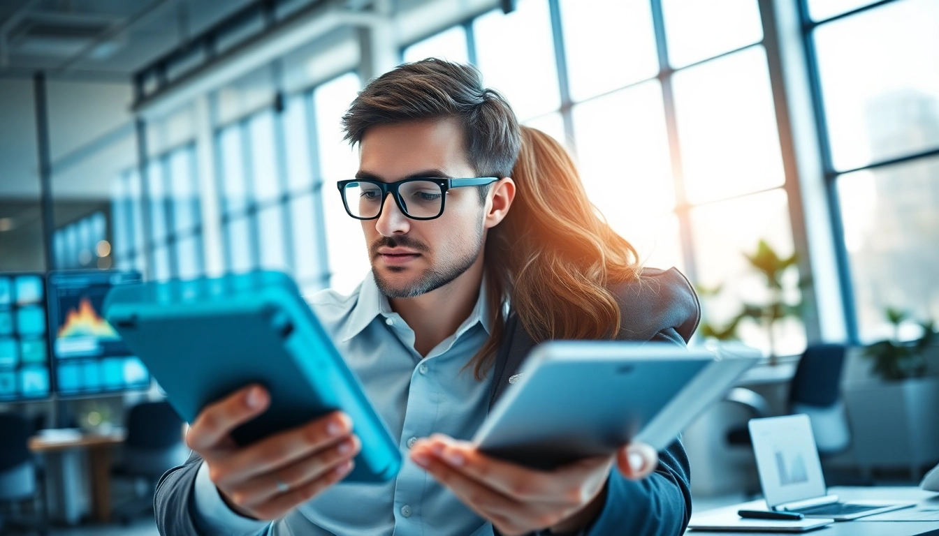 A B2B buyer engaged in a modern office environment, utilizing digital tools for seamless decision-making.