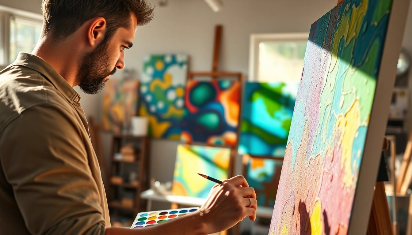 Canvas schilderij in een kunststudio met een gefocuste kunstenaar aan het werk.
