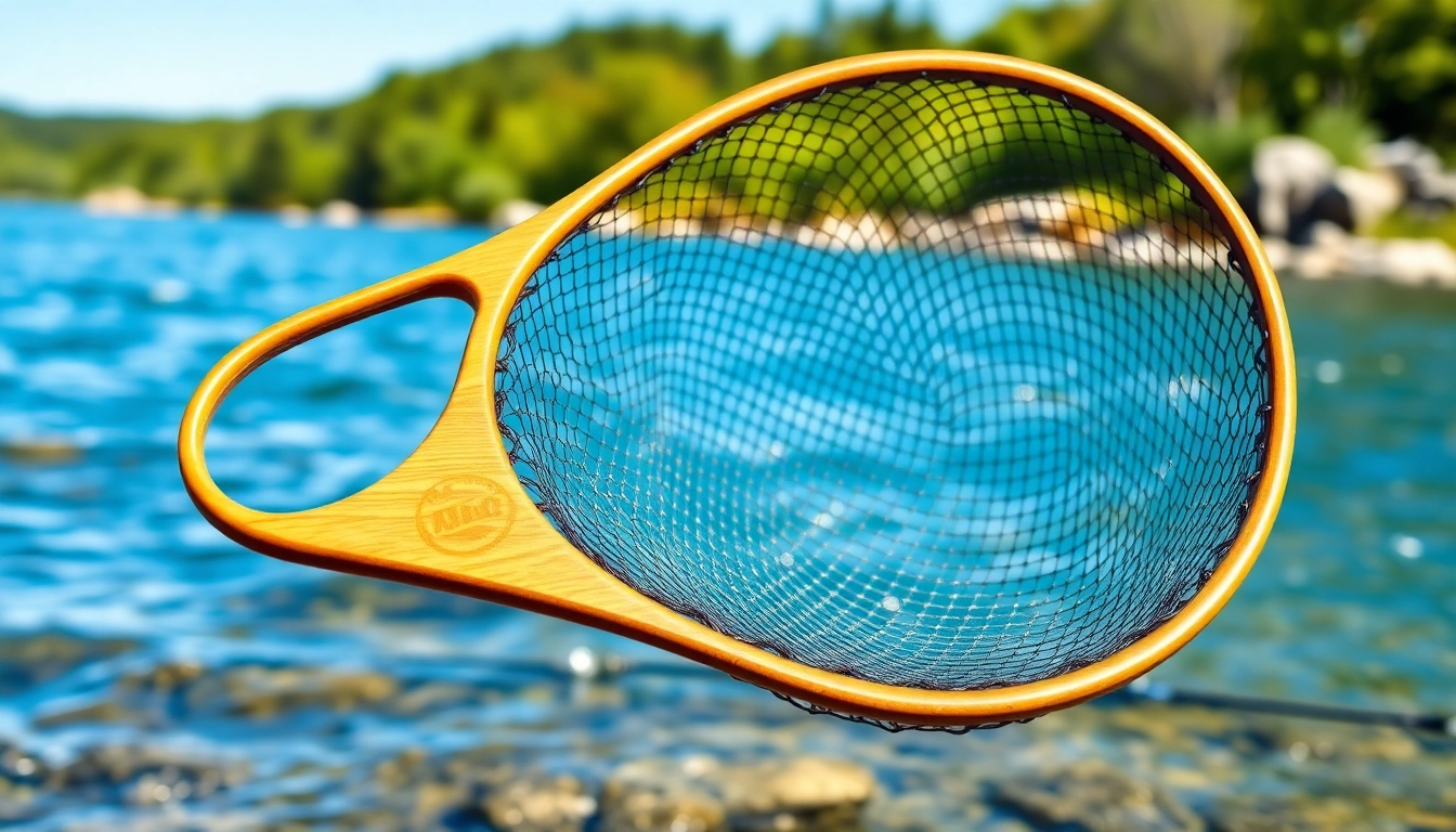 Catching fish with a high-quality fly fishing net featuring a smooth wooden handle.