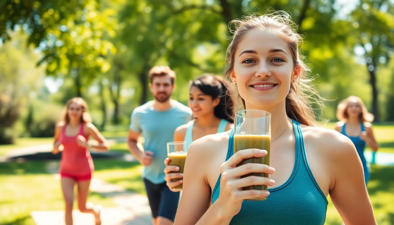 Enhance energy levels naturally with a vibrant outdoor scene of active people enjoying healthy smoothies.