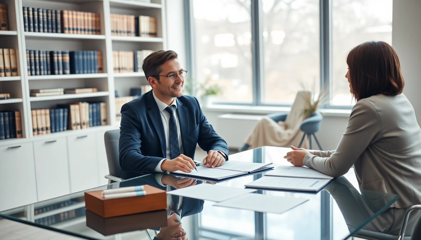 Divorce Lawyer discussing legal matters with a client in a modern office.