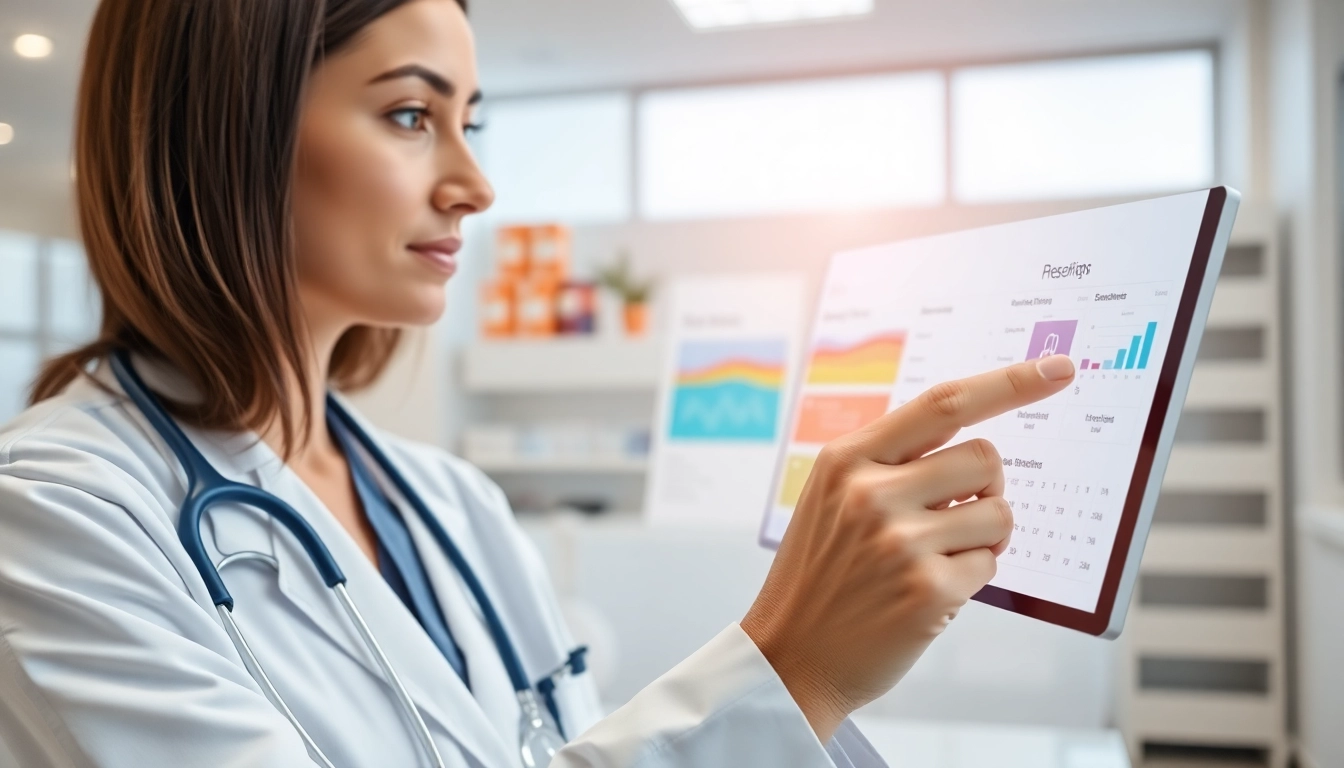 Showcase the best eprescribing software with a healthcare provider efficiently managing prescriptions in a modern clinic.