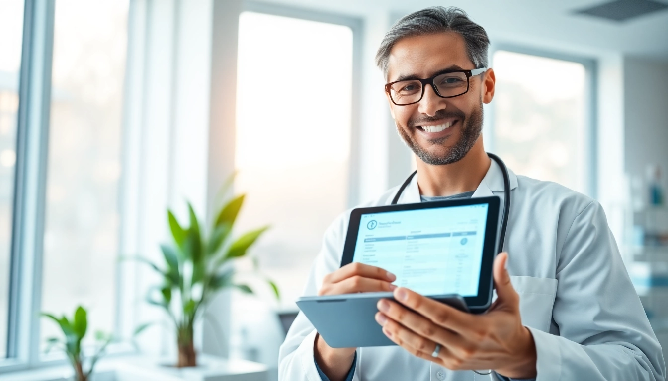 Engaging doctor utilizing best eprescribing software on a tablet in a modern clinic.