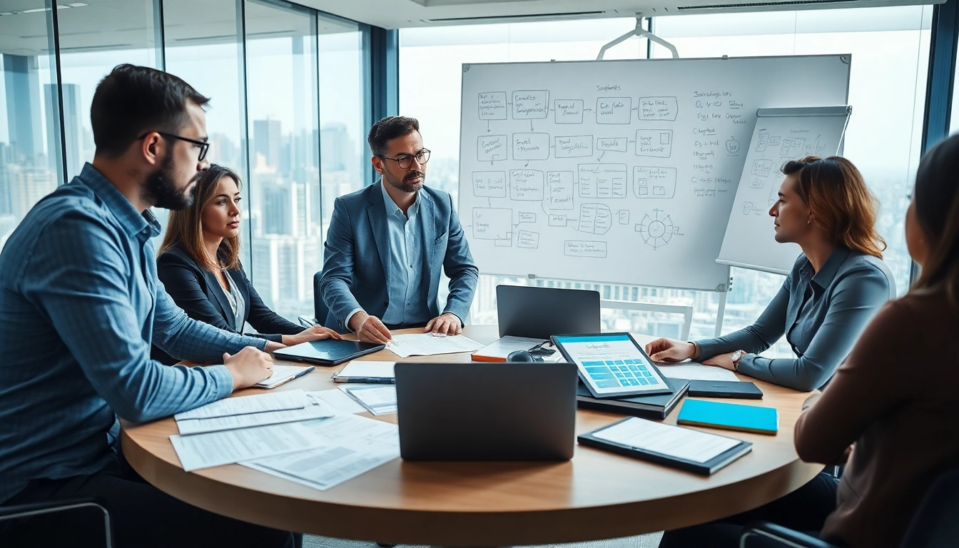 Engaged crisis management consultant leading a team discussion in a modern office space.