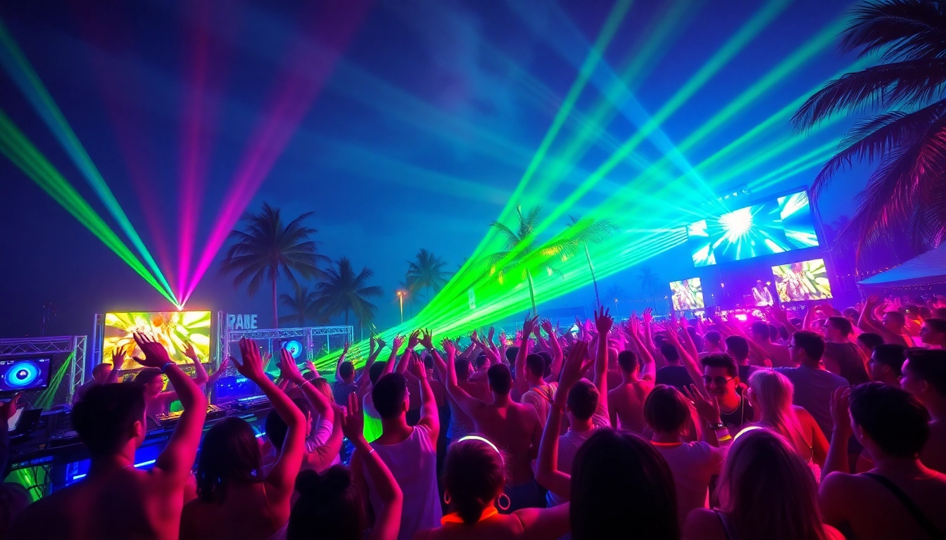 Excited crowd dancing at a lively miami rave with colorful lights and palm trees.