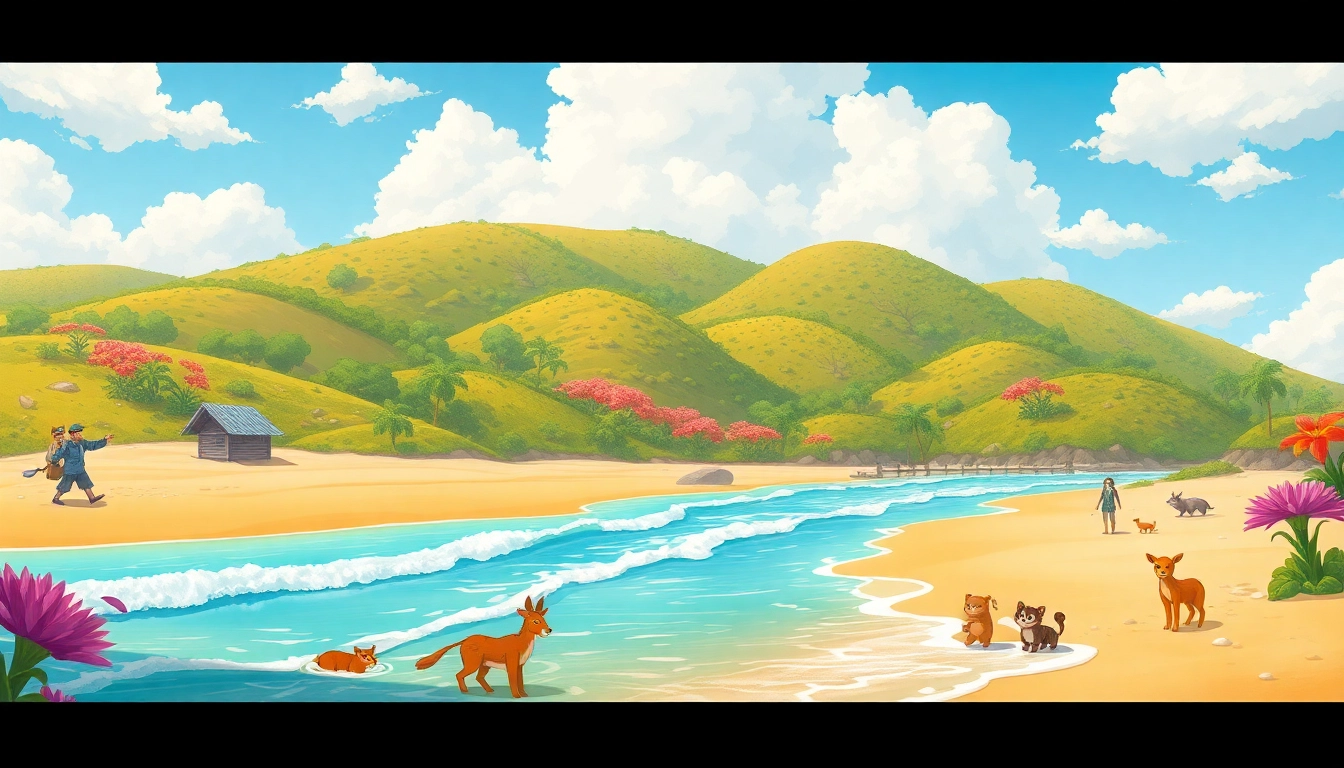 Menggambarkan suasana Santai di 토토피아 dengan pantai indah dan binatang yang bermain.