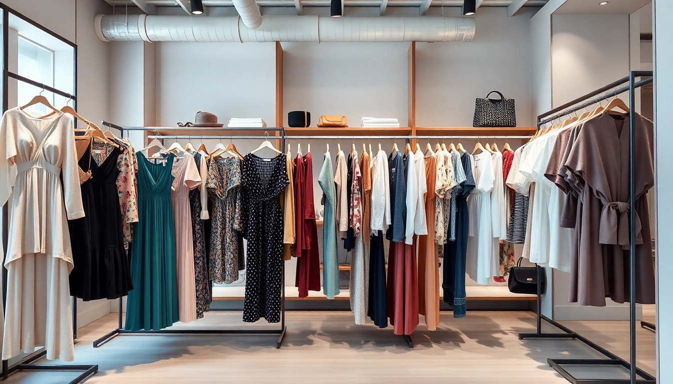 Showcase of stylish apparel in a boutique setting emphasizes fashion aesthetics