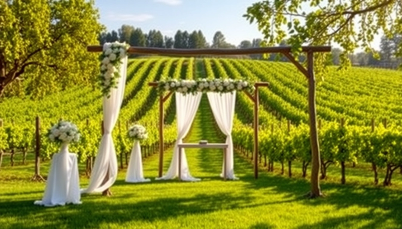 Ceremony setup at Clarksburg Wedding Venues with lush vineyard backdrop and elegant décor.