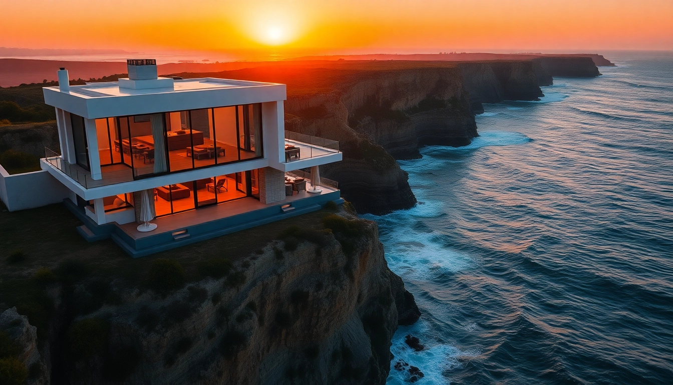 Luxury international real estate featuring a stunning modern villa overlooking the ocean.