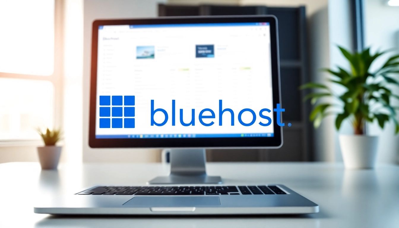 Showcase of Bluehost web hosting interface in a professional setting with a modern touch.