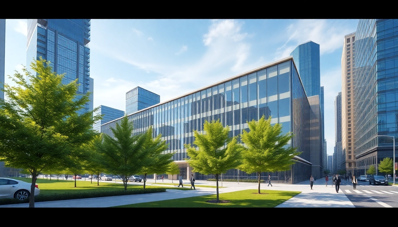 Visualisierung Architektur: moderne Bürogebäude in urbanem Umfeld mit Glasfassade und Menschen.