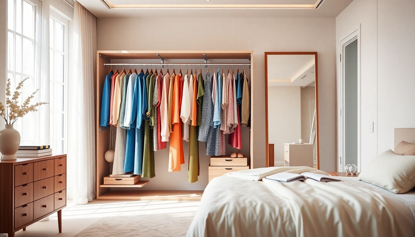 Showcasing a well-organized digital closet with colorful clothes in a stylish setting.