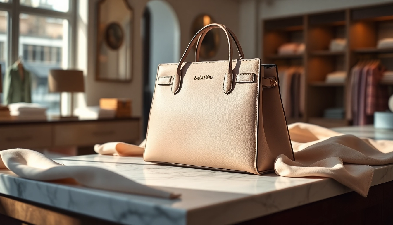 Showcase the Demellier handbag with elegant design and luxurious texture on a marble surface.