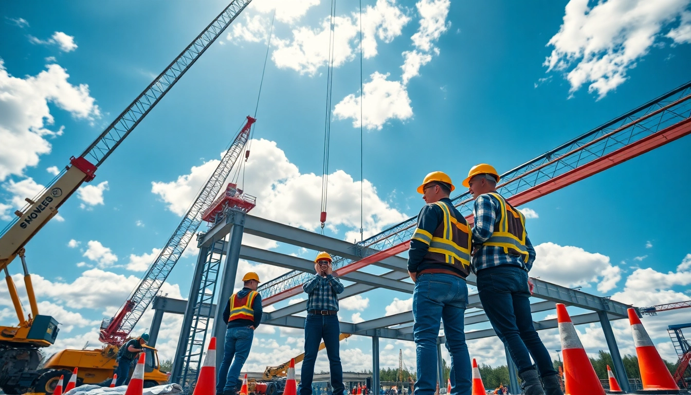 Workers engaged in structural steel installation, showcasing teamwork and precision on a construction site.