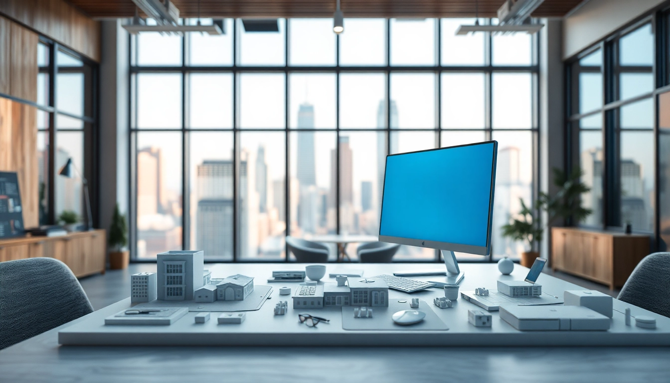 3d visualisierung eines modernen architektonischen Modells in einem inspirierenden Büro.