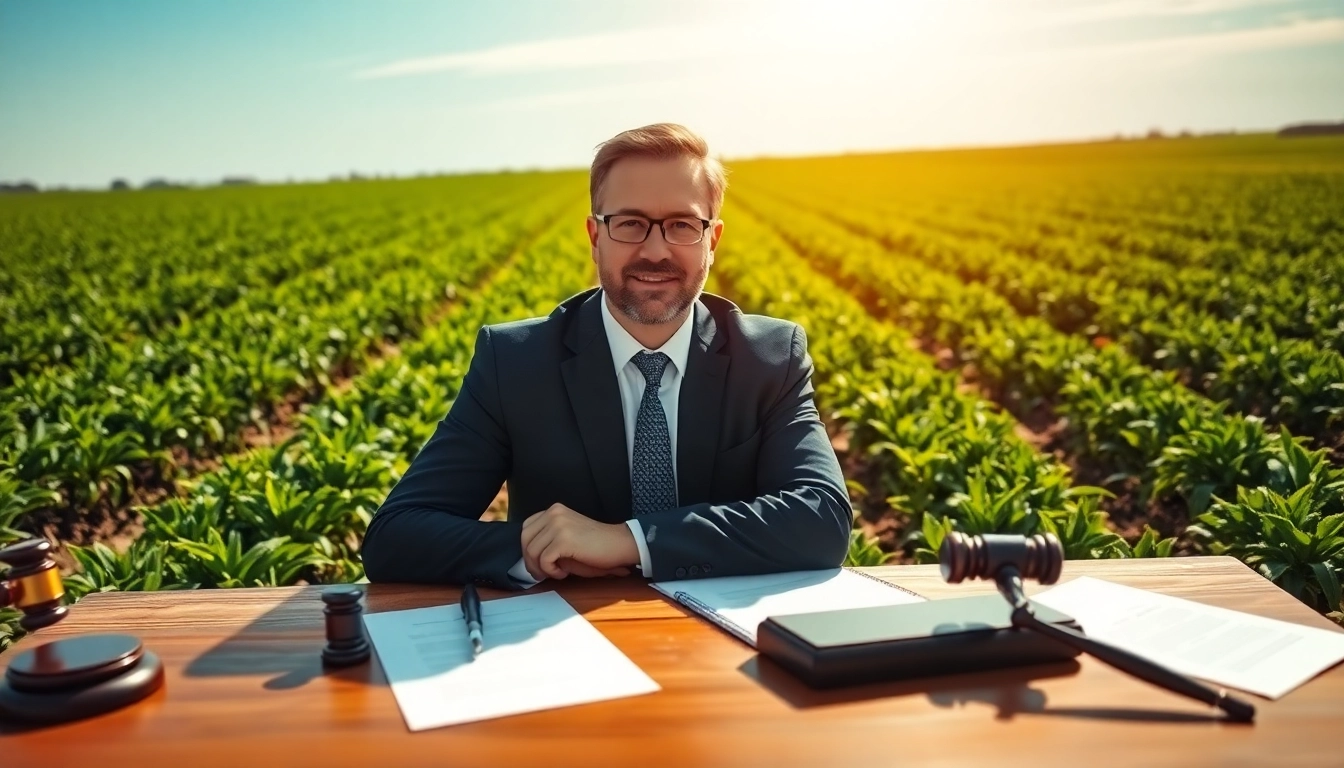 Engaged agriculture lawyer discussing legal matters amidst flourishing crops.