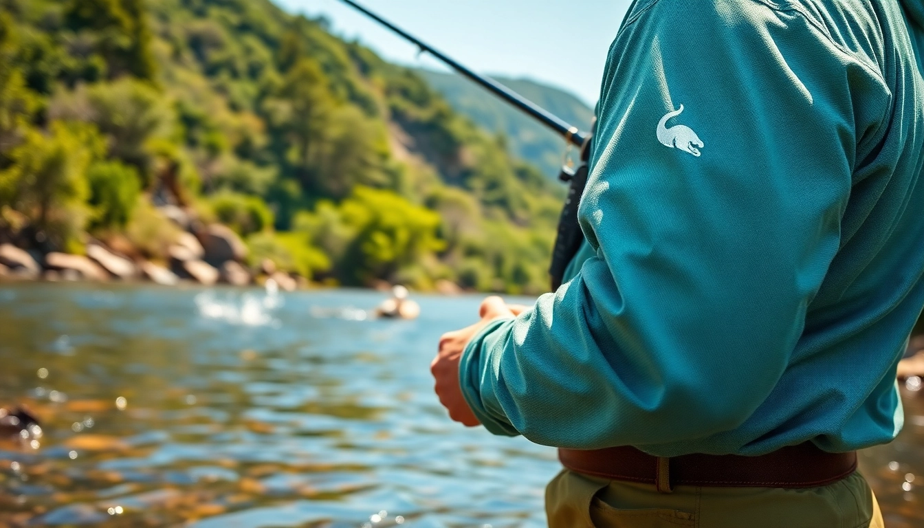 Catch stylish fly fishing apparel worn by an angler in a serene river setting.